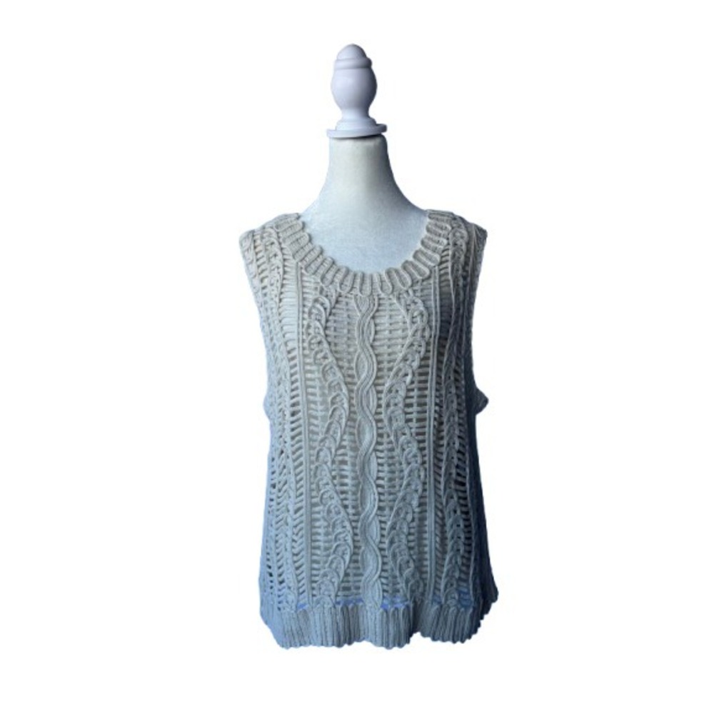 Solitaire Sweater Vest Womens L Beige Crochet Cable Knit Cottagecore Beachy Boho